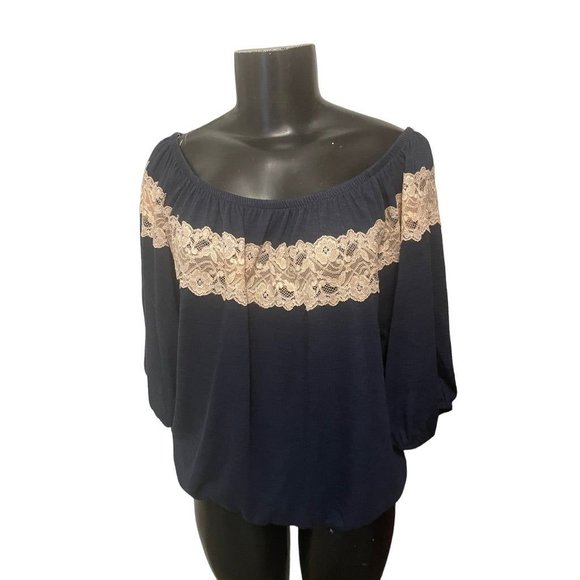 Large Bella D Lace Embellisment Women's Navy Blue Off Shoulder Blouse - Picture 2 of 10